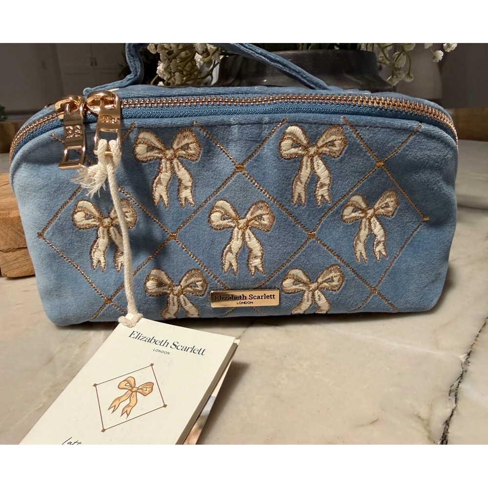 Elizabeth Scarlett Dusky Blue Velvet Embroidered BowsOpen Flat Makeup Bag NWT